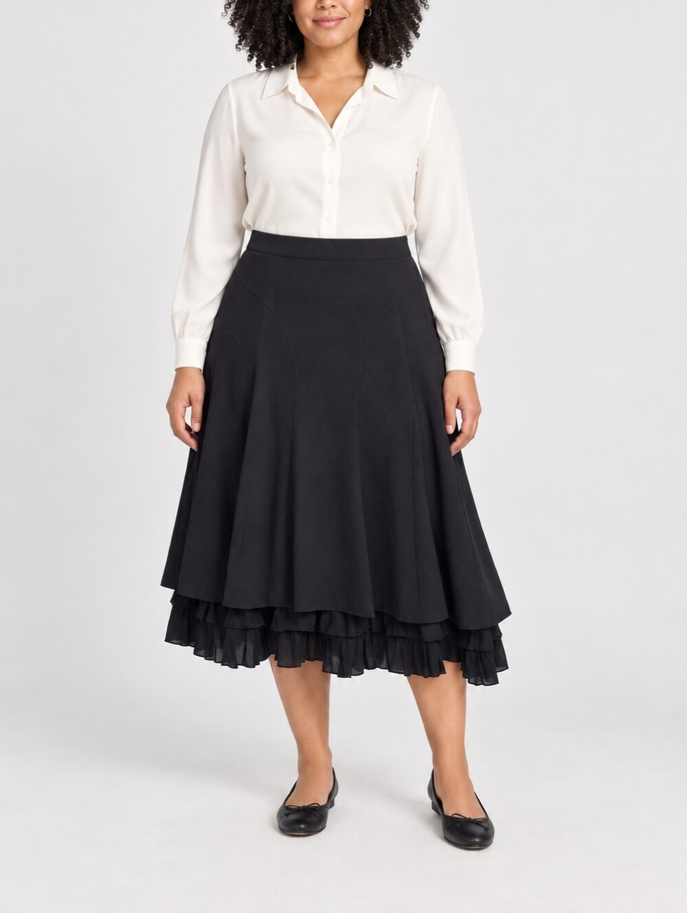H&M Black A-Line Midi Skirt Ruffle Hem Side Zip Size US 12 EUR 42